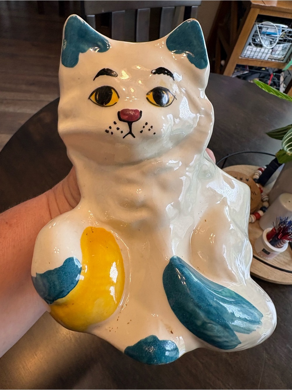 Vintage Ceramic White Cat planter with Teal and Yellow Accents